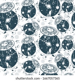 Human and Universe. Seamless pattern. Packing old paper, scrapbooking style. Vintage background. Medieval manuscript, engraving art. Symbol solar system, science, religion, astrology, astronomy
