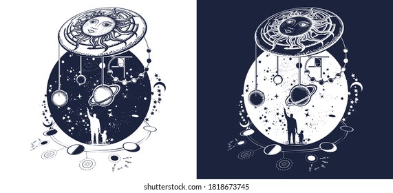 Human and Universe tattoo. Symbol solar system, science, religion, astrology, astronomy. Planets and stars t-shirt design. Black and white vector graphics 