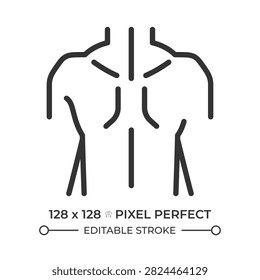 Human upper body pixel perfect line icon. Orthopedic care and spine health. Chiro and physical therapy. Isolated vector illustration. Outline symbol. Simple linear drawing. Editable stroke