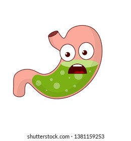 Human upset stomach. Angry sad face with eye and mouth. Problems with health and digestion. X-ray Internal organ. Green acid. Medical care. indigestion of belly. Cartoon flat illustration.