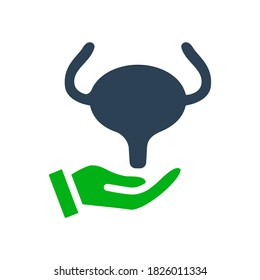 Humane Harnblase auf handfarbenem Symbol. Pflege, Rettung, Behandlung, Symbol für Krankheitsprävention