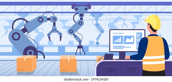 Human use computer to control the robot arms working in procuction convoyed in the smart factory industry 4.0, high tech machinery, isolated flat illustration svg