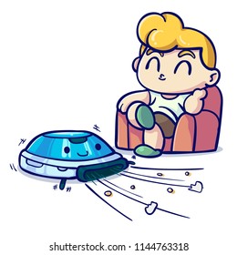 Human use his robot working at home, Technology cartoon vector illustration.