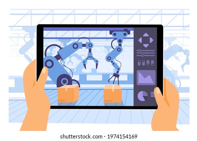 Human use tablet application as computer to control the robot arms working in procuction convoyed in the smart factory industry 4.0, high tech machinery, isolated flat illustration svg