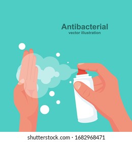 Human uses antibacterial spray. Personal hygiene concept. Preventive coronavirus Covid-19. Protection against bacteria and germs. Hand wash the disinfectant. Spay bottle in hand. Vector flat design.