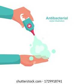 Human uses antibacterial spray. Personal hygiene concept. Preventive coronavirus Covid-19. Protection against bacteria and germs. Hand wash the disinfectant. Spay bottle in hand. Vector flat design.