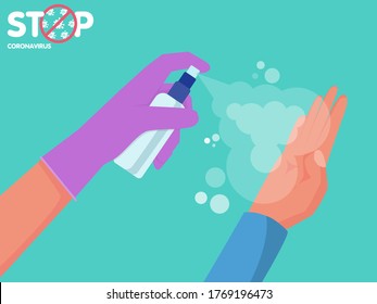 Human uses antibacterial spray.  Preventive coronavirus Covid-19. Protection against bacteria and germs. Hand wash the disinfectant. Spay bottle in hand. Vector flat design. Personal hygiene concept.