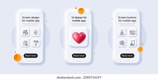Human, Uv protection and Online storage line icons pack. 3d phone mockups with heart. Glass smartphone screen. Project deadline, Juice, Chemistry lab web icon. Vector