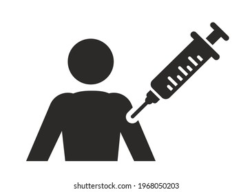 Human vaccination icon. Man and syringe with vaccine for coronavirus. Black vector illustration in flat style isolated on white background.