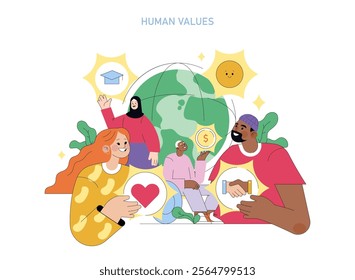 Human Values concept. Diverse individuals sharing universal values of education, love, and economic stability. Community unity and global harmony. Vector illustration.