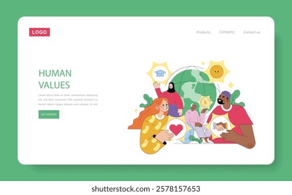 Human Values concept. Diverse people holding symbols of love, education, money, and technology around Earth. Unity in diversity and global ethics. Vector illustration.