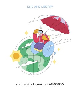 Human values concept. Illustration of a person parachuting over a globe, symbolizing freedom and adventure. Exploring, bravery, and the pursuit of happiness. Vector illustration.