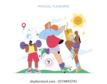 Human Values concept. People engaging in different sports and leisure activities with joy and enthusiasm. Daily life enjoyment and physical health. Vector illustration.