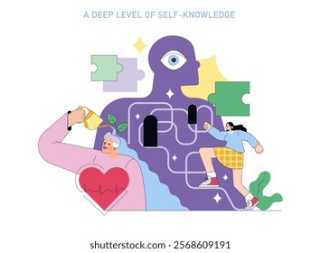 Human Values concept. A visual narrative on self-awareness with elements symbolizing growth, health, and mental wellness. Personal development imagery. Vector illustration.