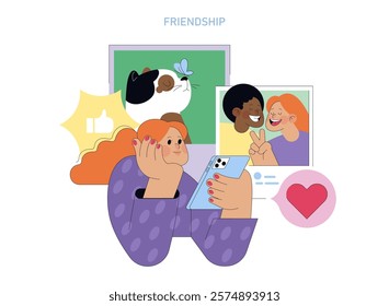 Human Values concept. Woman connecting with friends online, expressing love and companionship, showing the essence of friendship. Vector illustration.