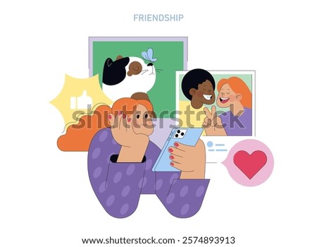 Human Values concept. Woman connecting with friends online, expressing love and companionship, showing the essence of friendship. Vector illustration.