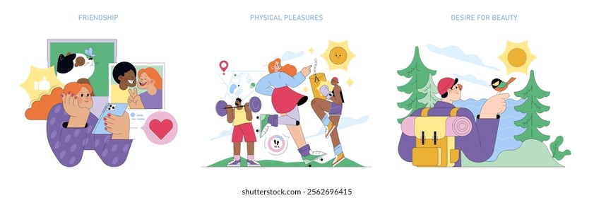 Human Values set. Illustrations depict friendship, enjoyment of physical activities, and appreciation of nature's beauty. Interpersonal connection, well-being, and outdoor admiration. Vector