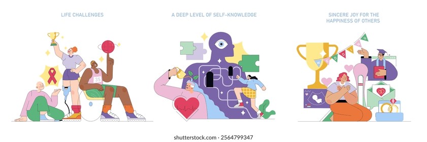 Human values set. Illustrations depict overcoming life challenges, self-awareness journey, and celebrating others' success. Diverse people, personal growth, empathy. Vector illustration.