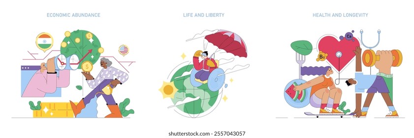 Human Values set. Illustrations depicting economic growth, freedom of life, and health awareness. Wealth management, world exploration, and fitness motivation. Vector illustration.