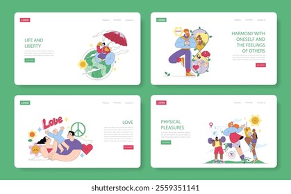 Human Values set. Illustrations depicting life liberty, inner harmony, love, and physical pleasures. Concepts of freedom, peace, and joy in life. Vector illustration.