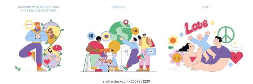 Human Values set. Illustrations depicting inner peace, continuous learning, and unconditional love. Engaging characters in various scenarios that represent personal growth. Vector illustration.