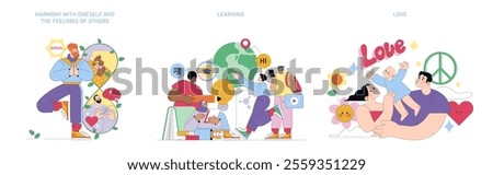 Human Values set. Illustrations depicting inner peace, continuous learning, and unconditional love. Engaging characters in various scenarios that represent personal growth. Vector illustration.