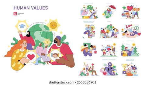 Human Values set. Illustrations showcasing diversity in education, wealth, social connections, love, and personal growth. Celebrating life, friendship, and self-awareness. Vector illustration.