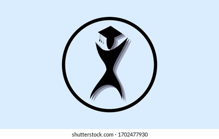 Human vector icon with graduated cap inside black circle isolated on light blue background, graduated student flat vector icon for computer and mobile web graphic design, space for text and design
