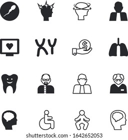 human vector icon set such as: genetic, checkup, examination, handicap, wellness, engineering, hygiene, handicapped, deposit, chromosomes, wheelchair, bag, line, disabled, dental, reach, blue
