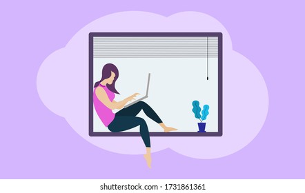 Human vector icon sitting on window frame working and typing on personal computer laptop at home, working from home concept, flat vector icon isolated on background for text and web graphic design