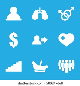 human vector icons. Set of 9 human filled icons such as baby basket, heart with cross, lungs, male and female, group, stairs, user