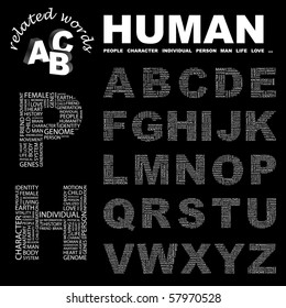 HUMAN. Vector letter collection. Illustration with different association terms.