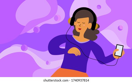 Human vector listening music from headphone isolated on purple abstract background, young woman wearing headphone and holding smartphone listening and dancing alone, flat vector for web graphic design