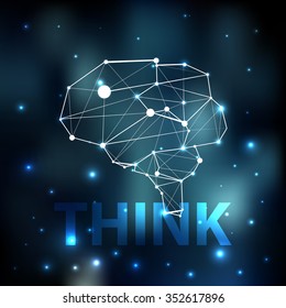 Human vector low poly abstract linear brain. Cosmos blurred background with glowing stars. You can use it for illustration, poster, wallpapers or book cover