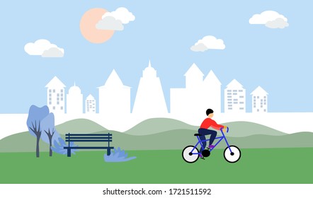 Bicicleta de vectores humanos en parque público alrededor de la gran ciudad, concepto de estilo de vida activo, estilo de vida saludable en la ciudad, vector plano aislado en el fondo del diseño gráfico de la web móvil e informática