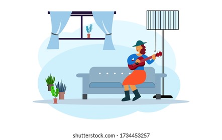 Human vector sitting on sofa playing acoustic ukulele at home, woman vector with skirt and hat playing music, stay home concept, flat vector icon isolated on background for computer web graphic design