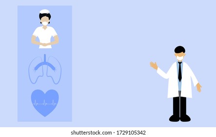 Human vector wearing gown uniform and medical mask isolated on background, doctor and nurse with lungs and heart logo flat vector icon isolated on blue background for web graphic design