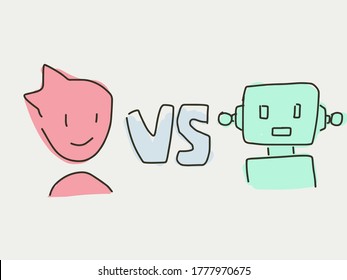 Human Versus Against Artificial Intelligent Robot In The Future. AI Takeover Human Employee Job Concept. Simple Abstract Art Illustration For The Future Topic. Computer And AI In Workplace Revolution