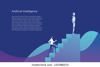 Human versus Artificial Intelligence vector concept. AI bot superior to businessman, standing on top of stairs. Symbol of technology advance, innovation, future. Eps10 vector illustration.