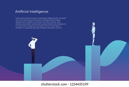 Human versus Artificial Intelligence vector concept. AI bot superior to businessman. Symbol of technology advance, innovation, future. Eps10 vector illustration.