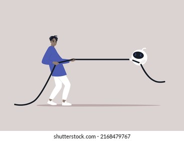 Human versus artificial intelligence, a young male African character competing with a robot in a tug of war game