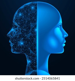 Human versus digital copy. Polygonal design of lines and dots. Blue background.