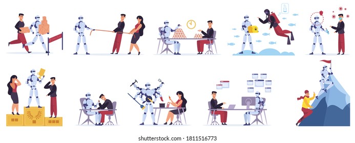 Human versus robot. Artificial intelligence competing person, robot vs male, female human characters, AI replace people vector illustration set. Machine winning in battle, achieve success