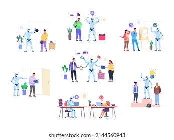 Human Versus Robot. Artificial Intelligence Cyber Challenge, Confrontation Man Vs Ai, Future Technology Working Robots Replace Tired People, Job Machine, Garish Vector Illustration