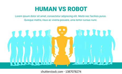 Human Versus Robot Flat Vector Banner Template. Man, Cyborg Cooperation Typography with Text Space. Artificial Intelligence Replacing Physical Labor. Comparing Humanoid Workers and People