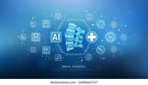 Human vertebrae joint bone translucent with medical network icons. Artificial intelligence (AI) in health care technology. Innovation in digital health smart medical diagnostics. Vector. 
