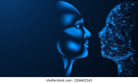 The human view versus artificial intelligence. The confrontation of intellects. Polygonal design of lines and dots. Blue background.