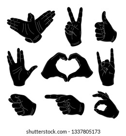 Human vintage hand gestures and signs. Gestures meaning Okay, Rock and Roll, pointer, a hand showing symbol Like. Vector illustration. Human hand sticker. 