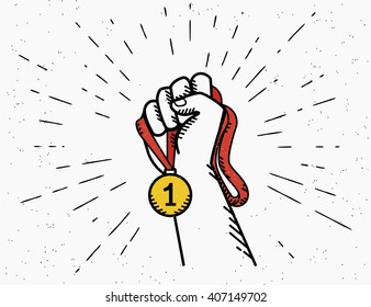Human vintage hand holds red ribbon with golden medal. Concept emblem design in retro style isolated on white background with sunburst rays