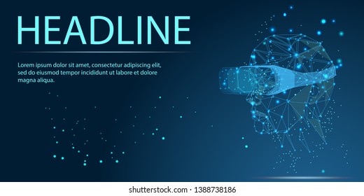 Human in Virtual Reality Helmet. Drawn low poly vector illustration, polygonal concept. Man in VR glasses for future, Interface technology, user experience. Futuristic gaming element. Headline